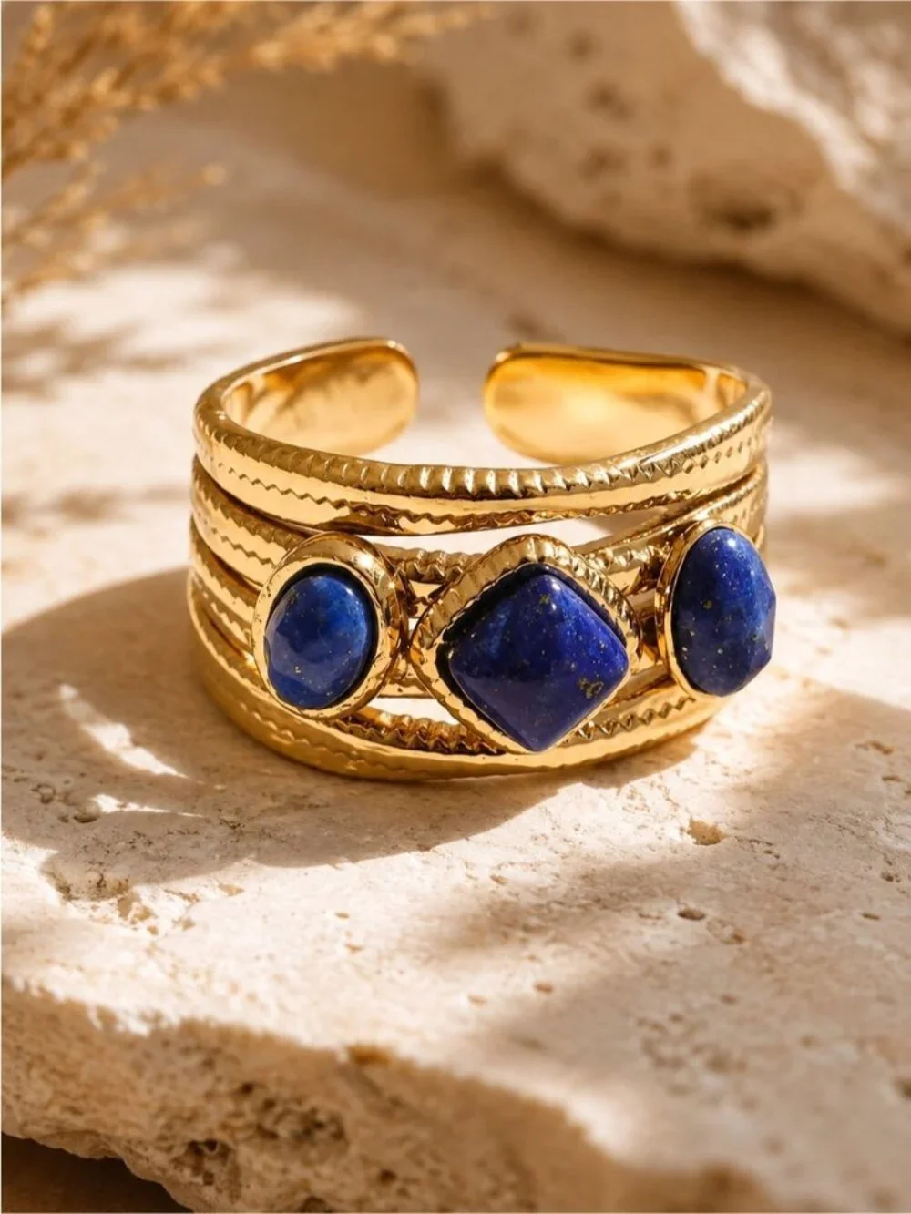 Vintage Gold tone Ring with Deep Blue Stones